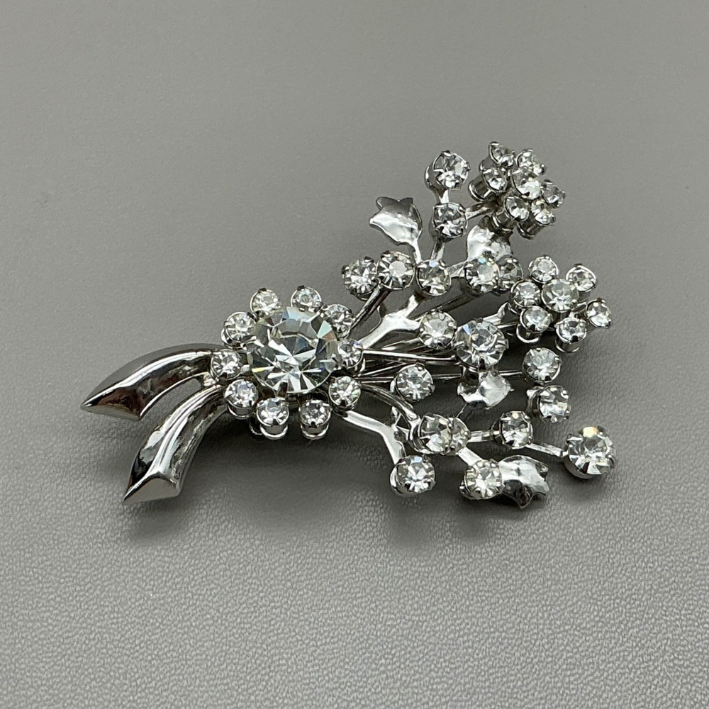 Vintage Brooch Clear Rhinestone Floral Spray Bouquet Silver Tone Statement 2"